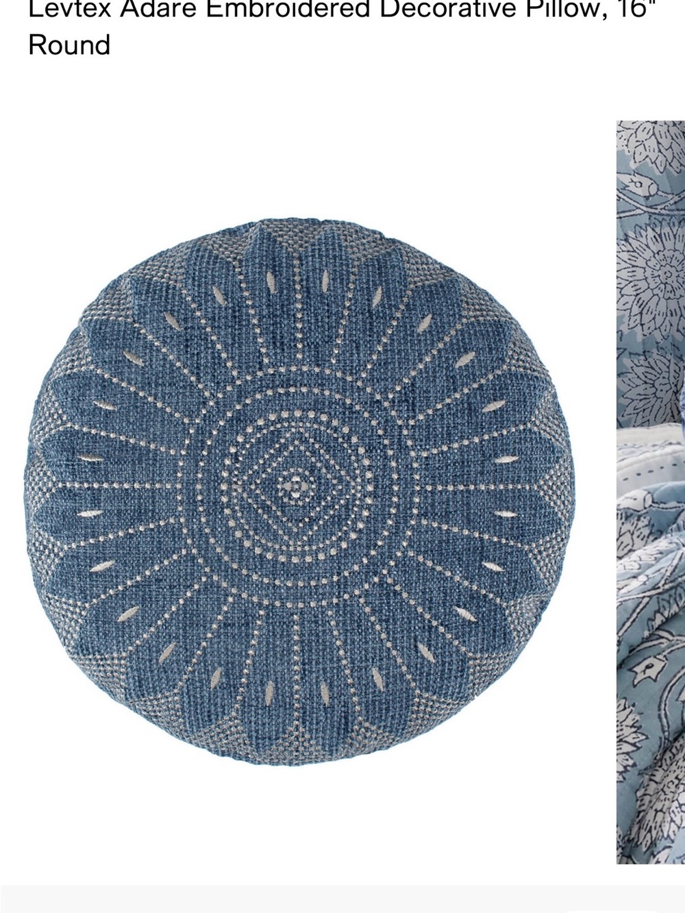 Levtex Round Embroidered Decorative Pillow in Blue and white..💙🤍 Goose feathers.